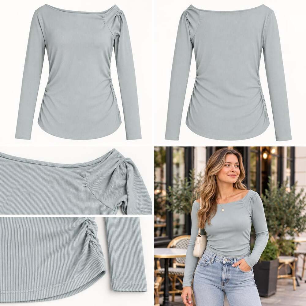 NWT Sanctuary Sage Gray Ribbed Ruched Asymmetrical Long-Sleeve Top